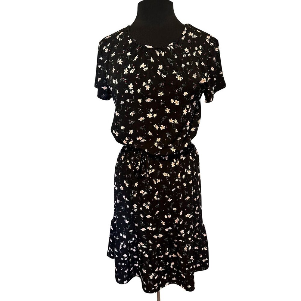 Banana Republic Women’s Dress Size Small Black Floral Short Sleeve Elastic Waist